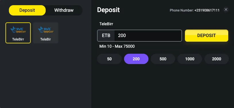 Deposit screen in the Betx cashier listing the payment methods