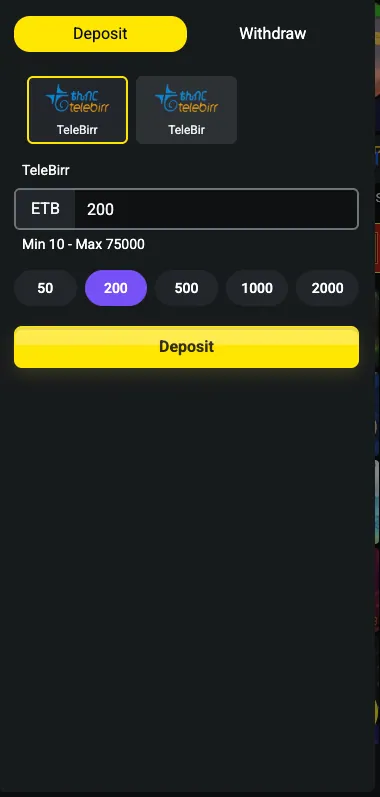 Deposit screen in the Betx mobile app