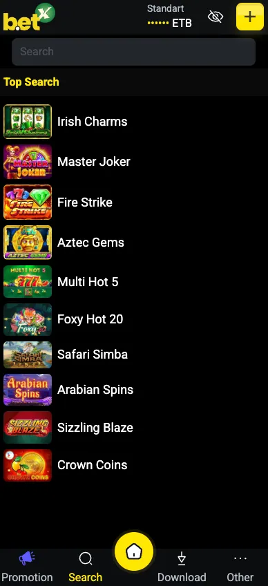 Game search on the mobile version of the Betx casino