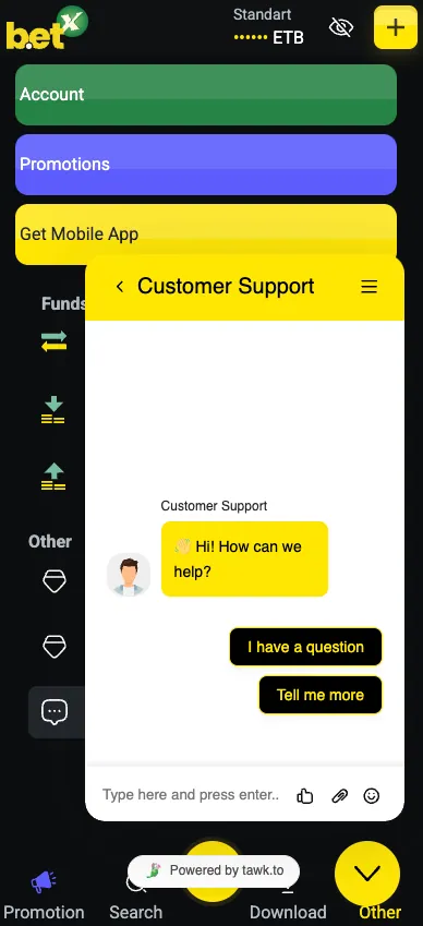 Support chat inside the Betx app