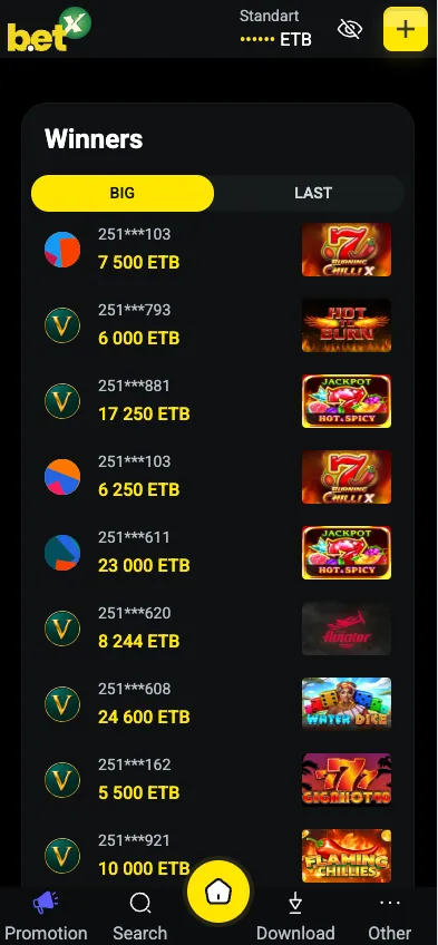 Betx mobile Winners screen with ETB amounts and slot thumbnails