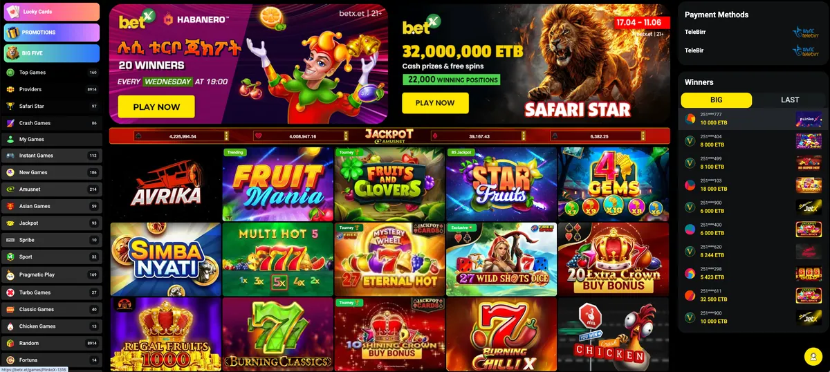 Betx start page on a desktop screen with the casino lobby and welcome banner