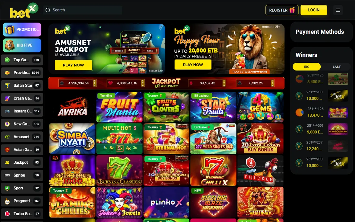 Betx home page with the Register and Login buttons in the header