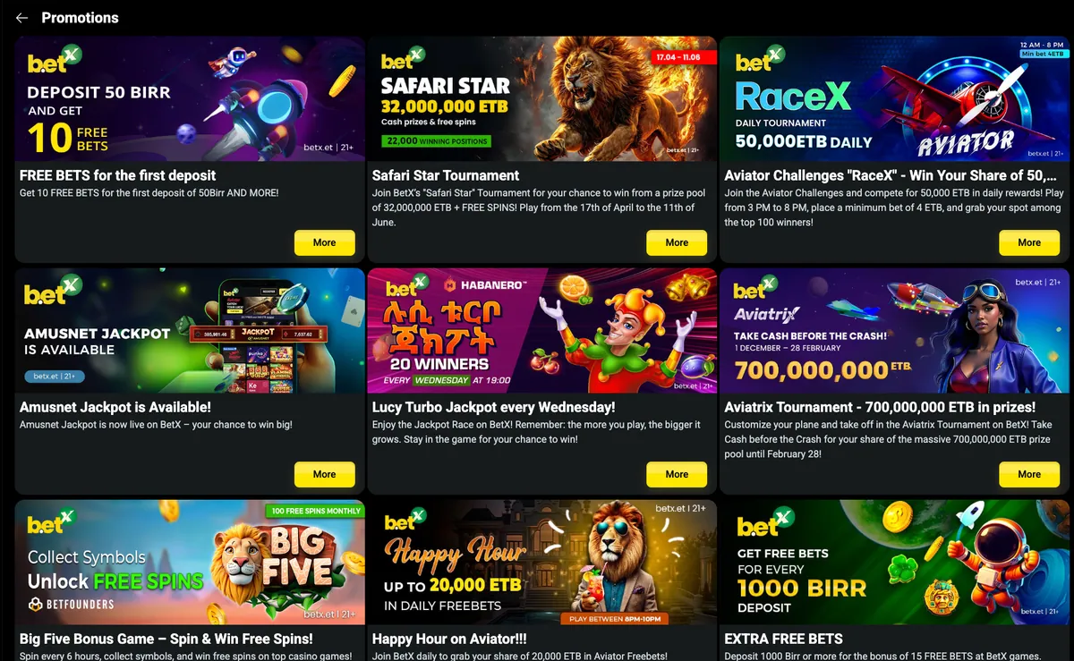 Betx Promotions page with banners for the first-deposit free bets, tournaments, jackpots and free spins